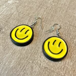 Yellow Smiley Face Cartoon-Style Dangle Earrings Happy Cheerful